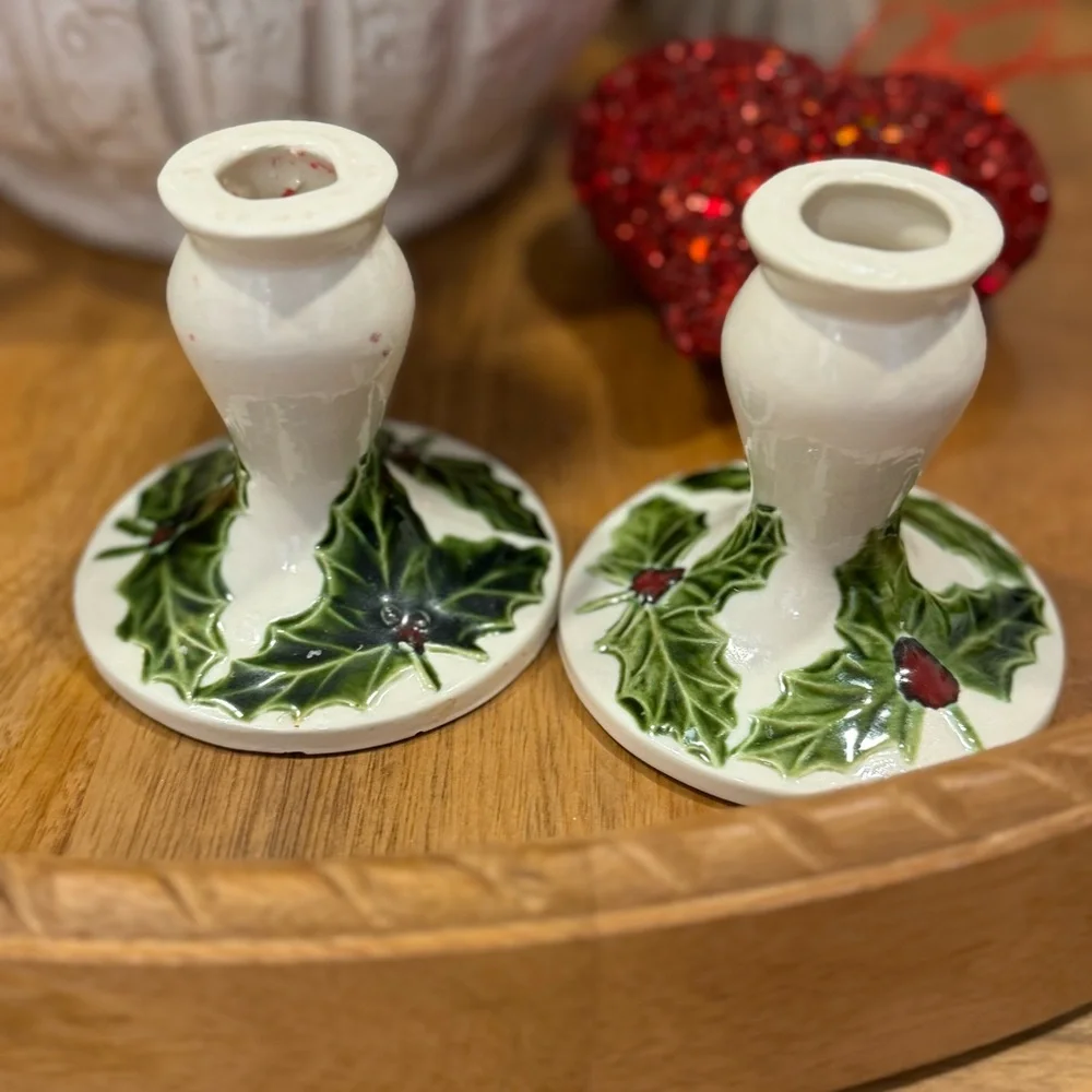 Mid Century Vintage Christmas Art Pottery Candle Holder 3”
